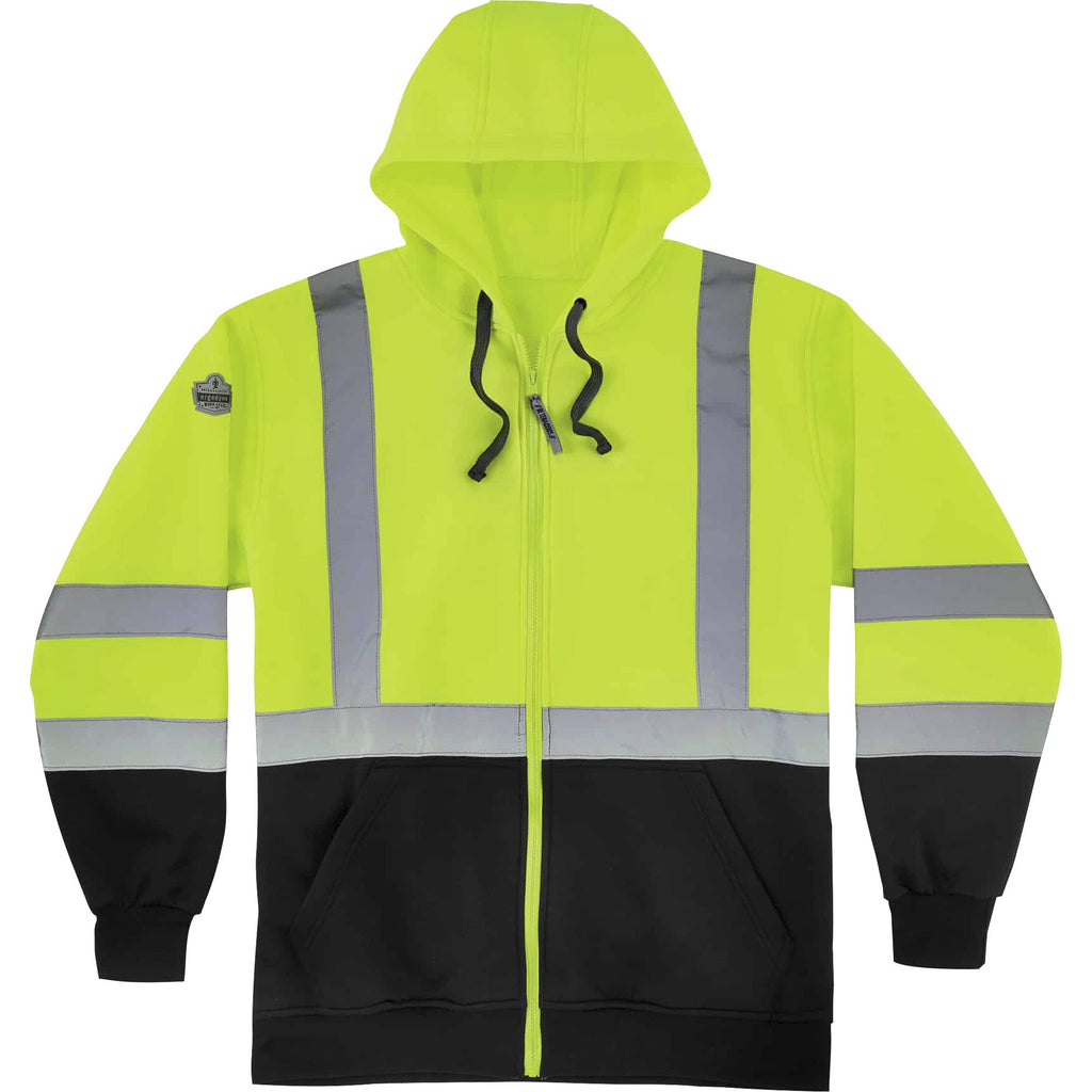 GloWear 8372 ZipUp HiVis Class 3 Zip Hood Sweatshirt w/ Black Bottom, Polar Fleece, Lime, Medium, Ships in 1-3 Business Days