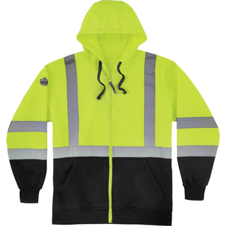 GloWear 8372 ZipUp HiVis Class 3 Zip Hood Sweatshirt w/ Black Bottom, Polar Fleece, Lime, Medium, Ships in 1-3 Business Days