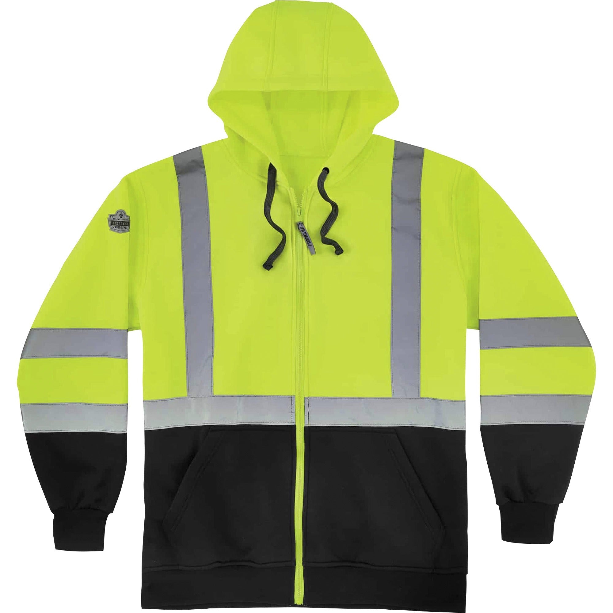 GloWear 8372 ZipUp HiVis Class 3 Zip Hood Sweatshirt w/ Black Bottom, Polar Fleece, Lime, Medium, Ships in 1-3 Business Days