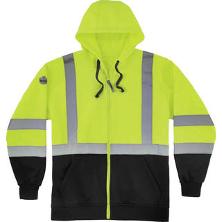 GloWear 8372 ZipUp HiVis Class 3 Zip Hood Sweatshirt w/ Black Bottom, Polar Fleece, Lime, Medium, Ships in 1-3 Business Days