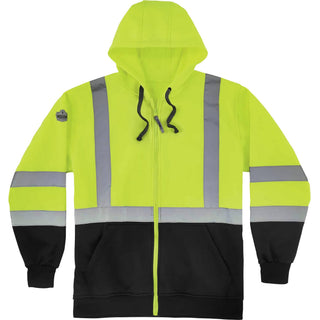 GloWear 8372 ZipUp HiVis Class 3 Zip Hood Sweatshirt w/ Black Bottom, Polar Fleece, Lime, Medium, Ships in 1-3 Business Days