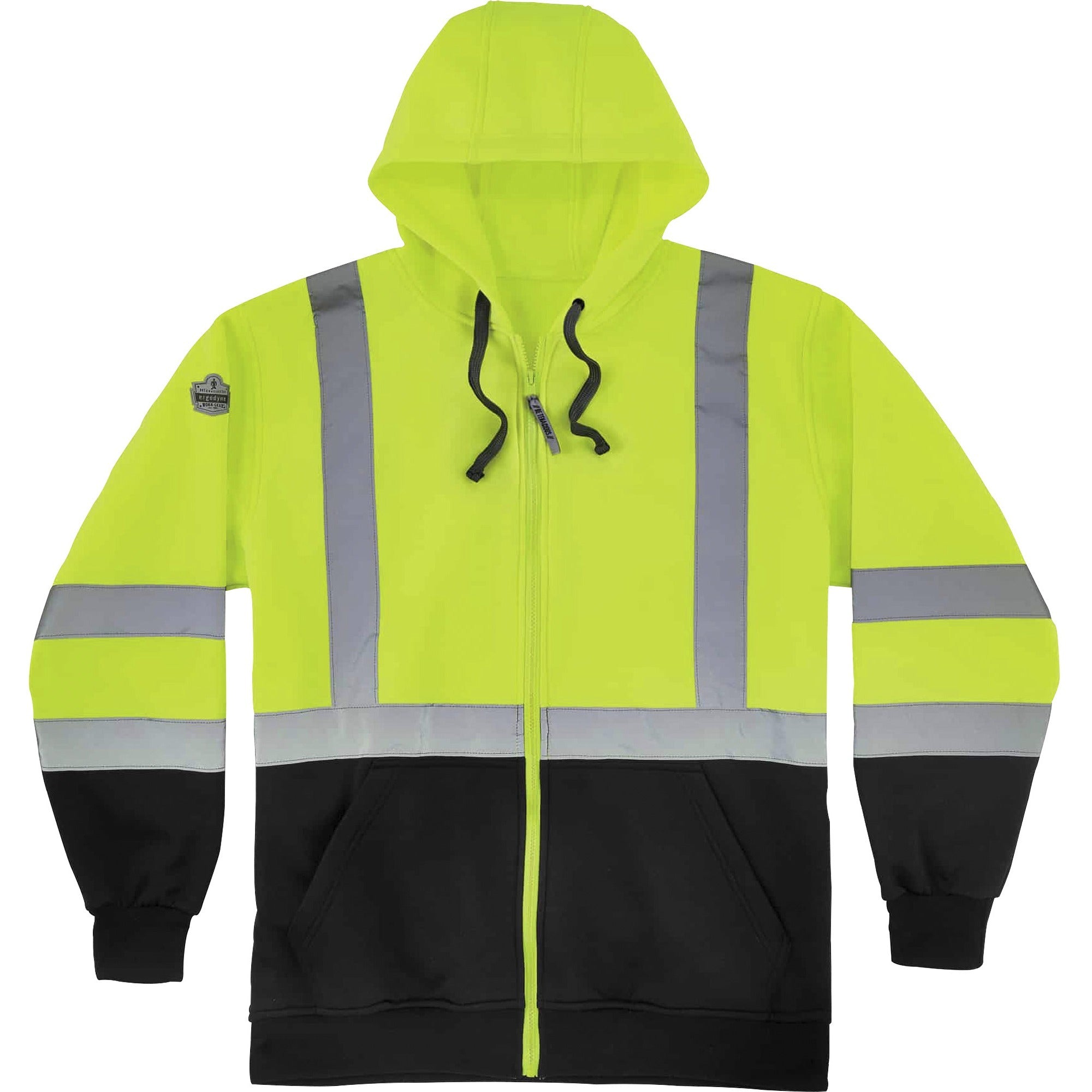 GloWear 8372 ZipUp HiVis Class 3 Zip Hood Sweatshirt w/ Black Bottom, Polar Fleece, Lime, Medium, Ships in 1-3 Business Days