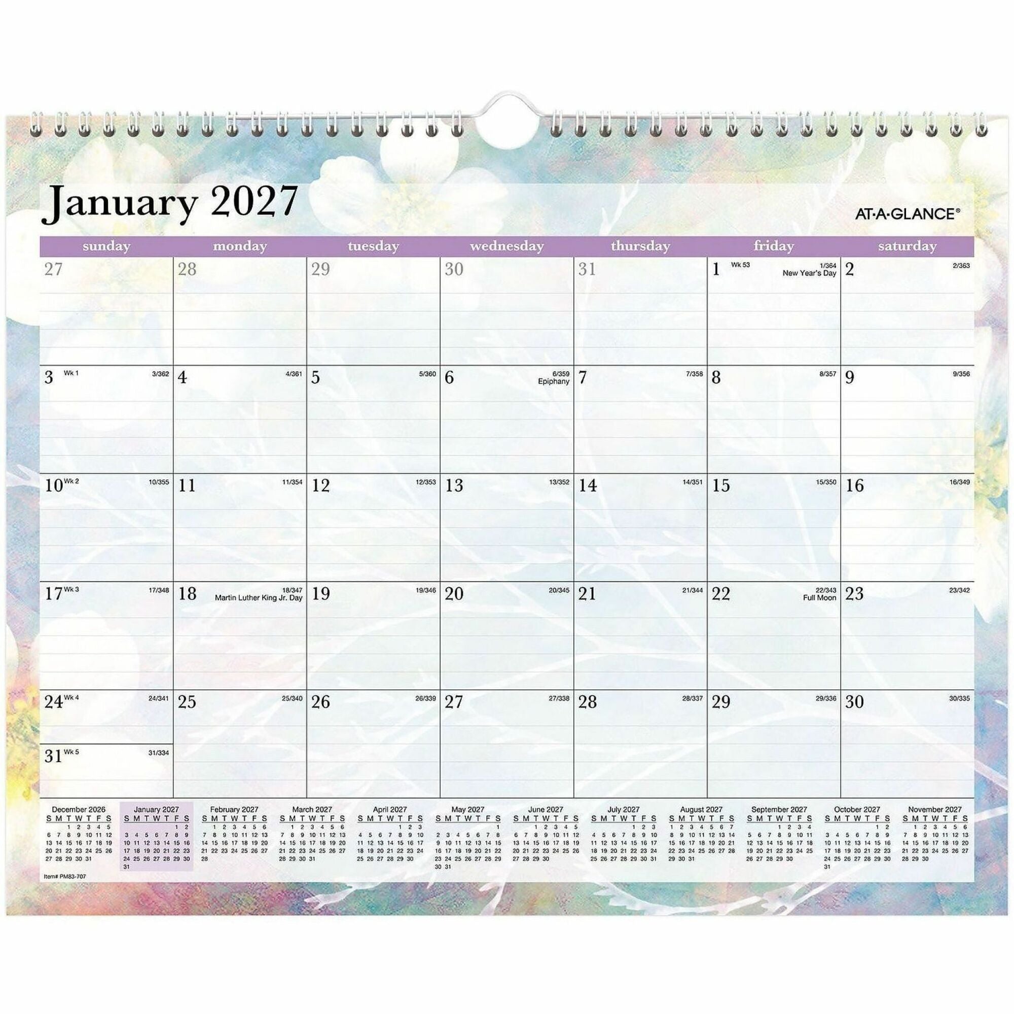 At-A-Glance Dreams Wall Calendar - Medium Size - Julian Dates - Monthly - 12 Month - January 2024 - December 2024 - 1 Month Single Page Layout - 15" x 12" White Sheet - Wire Bound - Blue, White, Purple, Yellow - Paper - 12" Height x 15" Width - Dated
