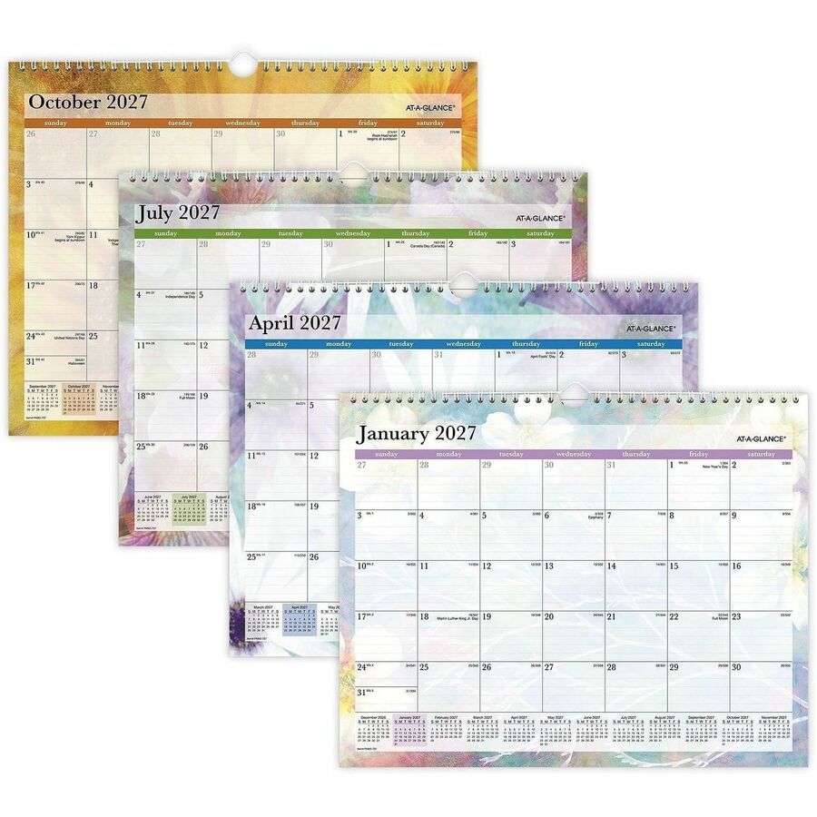 At-A-Glance Dreams Wall Calendar - Medium Size - Julian Dates - Monthly - 12 Month - January 2024 - December 2024 - 1 Month Single Page Layout - 15" x 12" White Sheet - Wire Bound - Blue, White, Purple, Yellow - Paper - 12" Height x 15" Width - Dated