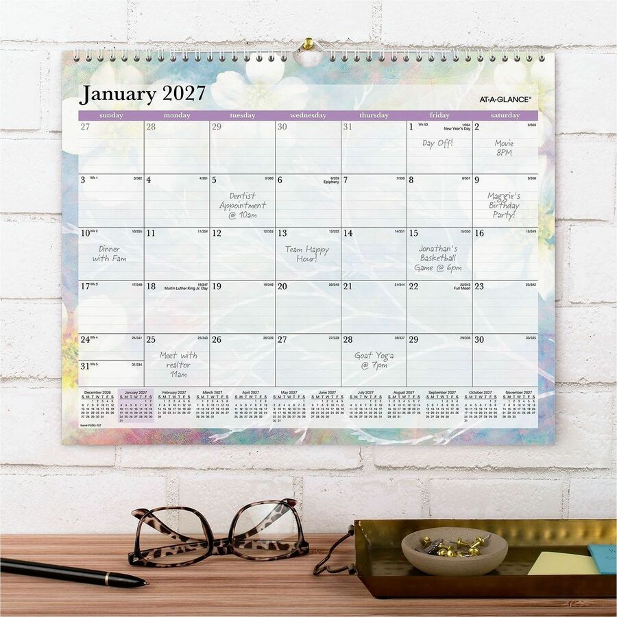 At-A-Glance Dreams Wall Calendar - Medium Size - Julian Dates - Monthly - 12 Month - January 2024 - December 2024 - 1 Month Single Page Layout - 15" x 12" White Sheet - Wire Bound - Blue, White, Purple, Yellow - Paper - 12" Height x 15" Width - Dated