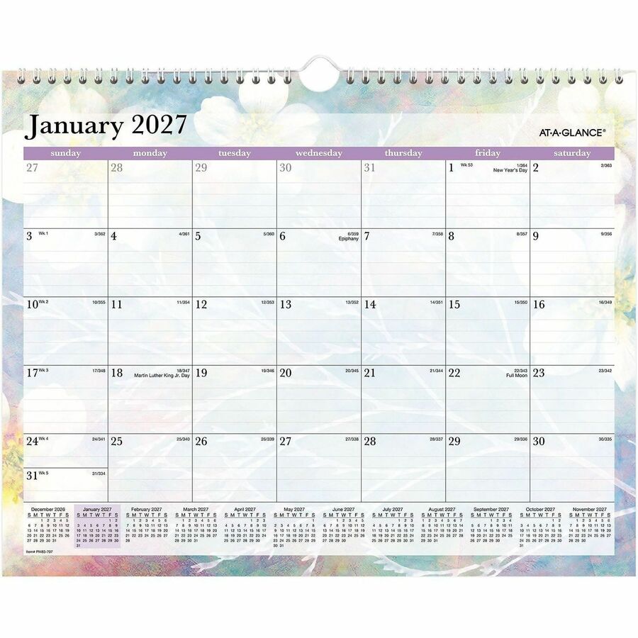At-A-Glance Dreams Wall Calendar - Medium Size - Julian Dates - Monthly - 12 Month - January 2024 - December 2024 - 1 Month Single Page Layout - 15" x 12" White Sheet - Wire Bound - Blue, White, Purple, Yellow - Paper - 12" Height x 15" Width - Dated