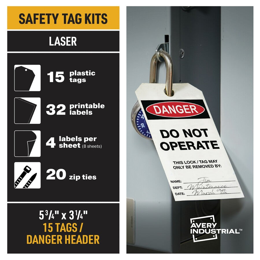 Avery UltraDuty Hazard Warning Tag Kit - 3.25" Length x 5.75" Width - 15 / Pack - Plastic, Nylon, Vinyl - White