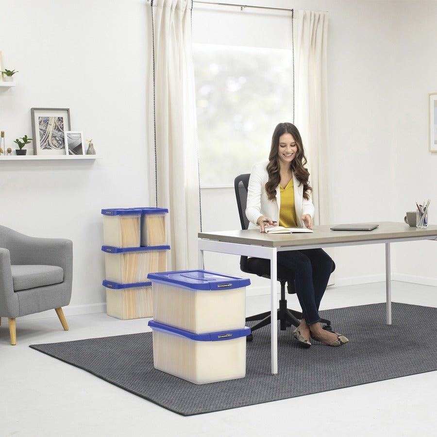 Bankers Box Heavy-Duty File Box - External Dimensions: 14.2" Width x 22.4" Depth x 10.6" Height - Media Size Supported: Letter 8.50" x 11" - Lid Lock Closure - Stackable - Plastic, Polypropylene - Clear, Blue - For File, Document, Storage - 1 Each -
