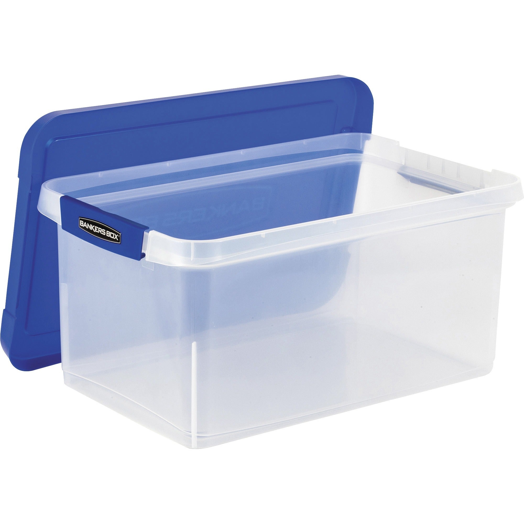 Bankers Box Heavy-Duty File Box - External Dimensions: 14.2" Width x 22.4" Depth x 10.6" Height - Media Size Supported: Letter 8.50" x 11" - Lid Lock Closure - Stackable - Plastic, Polypropylene - Clear, Blue - For File, Document, Storage - 1 Each -