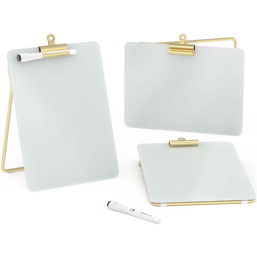 U Brands Glass Dry-Erase Desktop Easel, Tempered Glass, Gold Metal Stand, Removable Clip - Tempered Glass - Rectangle - Vertical - 1 Each