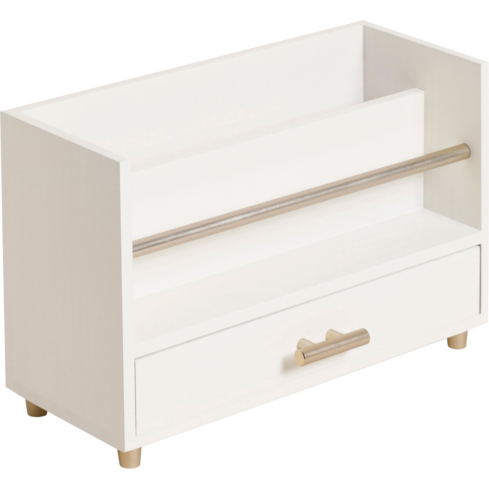 Juliet Desk Organizer, 3 Compartments, 1 Drawer, 9.5" x 4.2" x 4.9", White/Gold, Wood/Metal