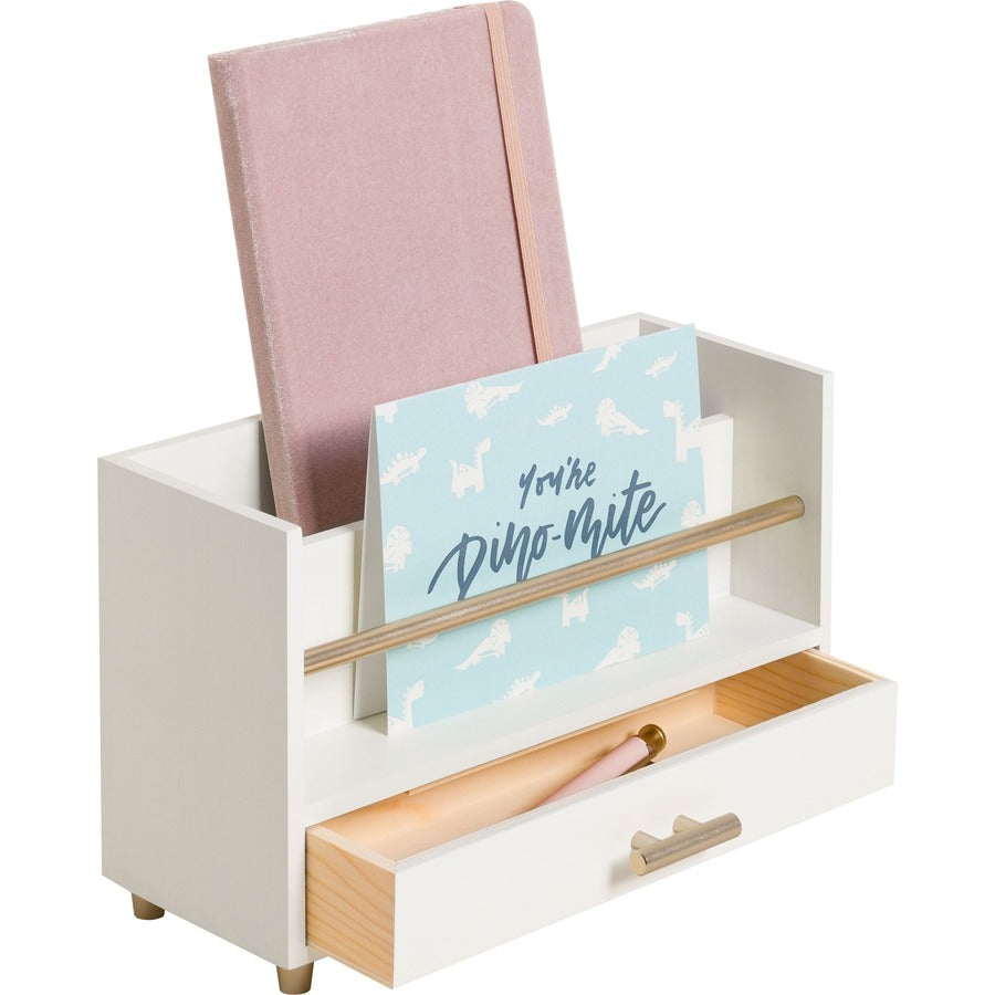 Juliet Desk Organizer, 3 Compartments, 1 Drawer, 9.5" x 4.2" x 4.9", White/Gold, Wood/Metal