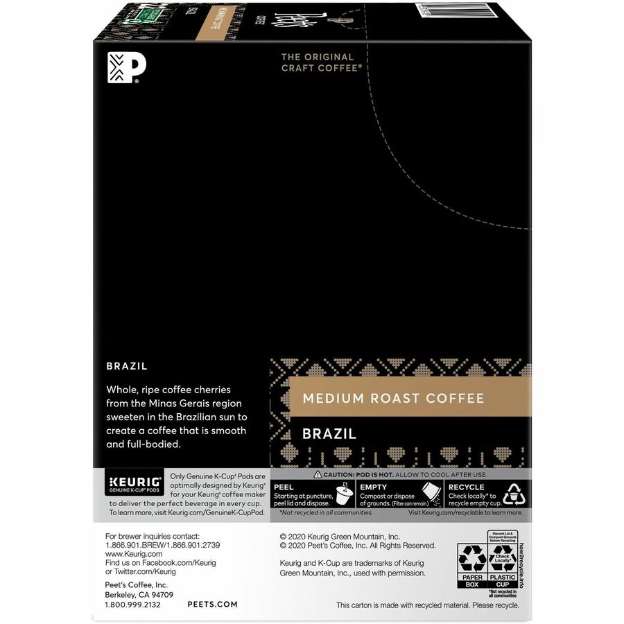 Peet's Coffee K-Cup Brazil Coffee - Compatible with Keurig Brewer - Medium - 22 / Box