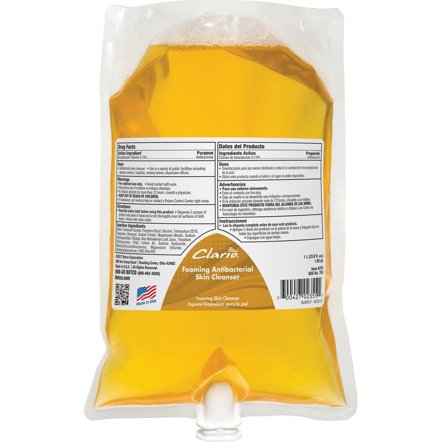 Betco Foaming Antibacterial Skin Cleanser - Foam - 1.06 quart - Applicable on Hand - Skin - Anti-bacterial, Moisturising, Non-irritating - 6 / Carton
