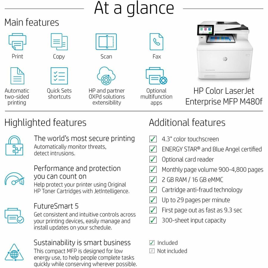 LaserJet Enterprise Color MFP M480f, Copy/Fax/Print/Scan