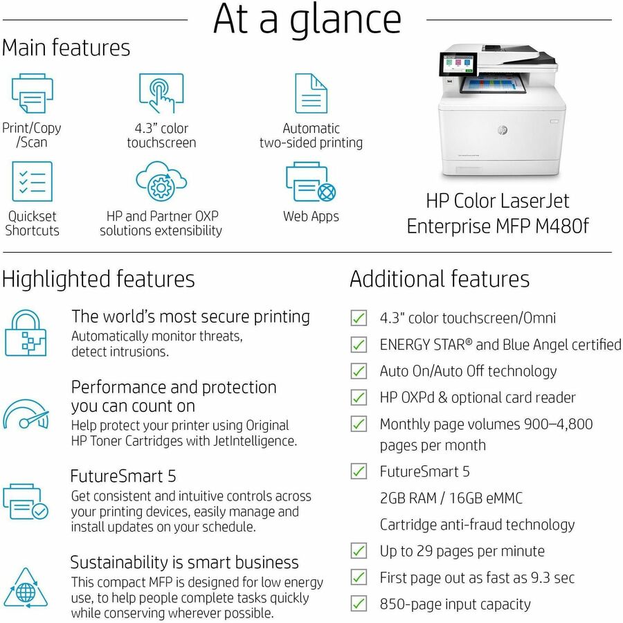 LaserJet Enterprise Color MFP M480f, Copy/Fax/Print/Scan