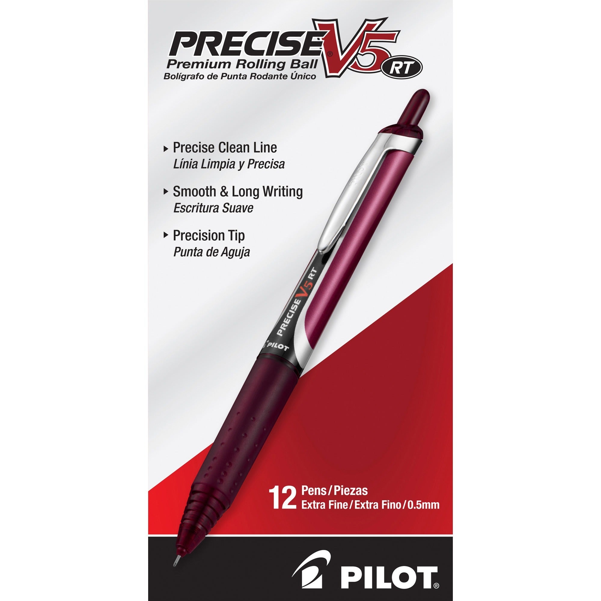 Precise V5RT Roller Ball Pen, Retractable, Extra-Fine 0.5 mm, Burgundy Ink, Burgundy/Silver Barrel, Dozen