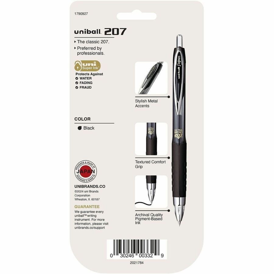 uniball 207 Gel Pen - Ultra Micro Pen Point - Conical Pen Point Style - Refillable - Retractable - Black Gel-based, Pigment-based Ink - Plastic Barrel - Tungsten Carbide, Stainless Steel Tip - 4 / Pack