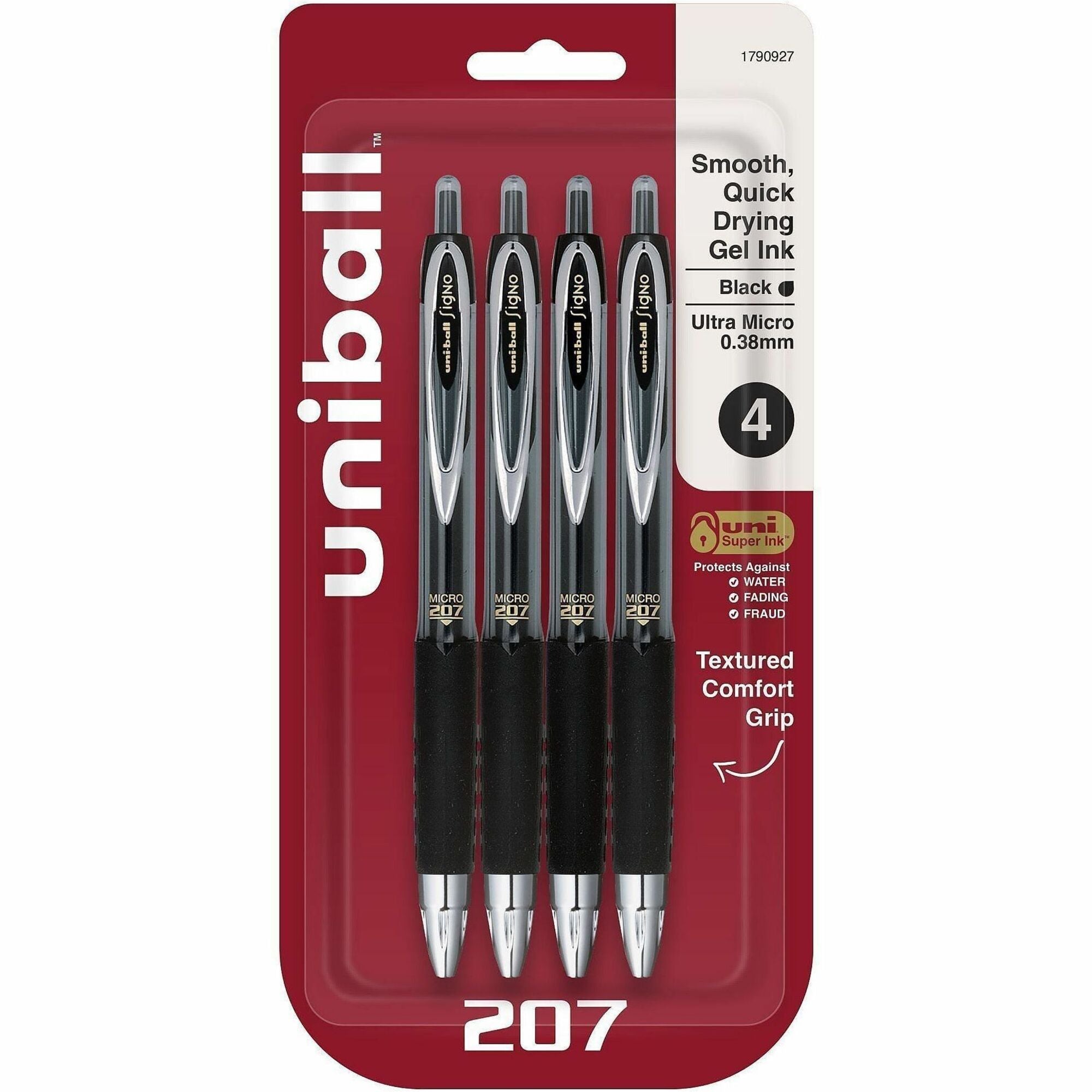 uniball 207 Gel Pen - Ultra Micro Pen Point - Conical Pen Point Style - Refillable - Retractable - Black Gel-based, Pigment-based Ink - Plastic Barrel - Tungsten Carbide, Stainless Steel Tip - 4 / Pack