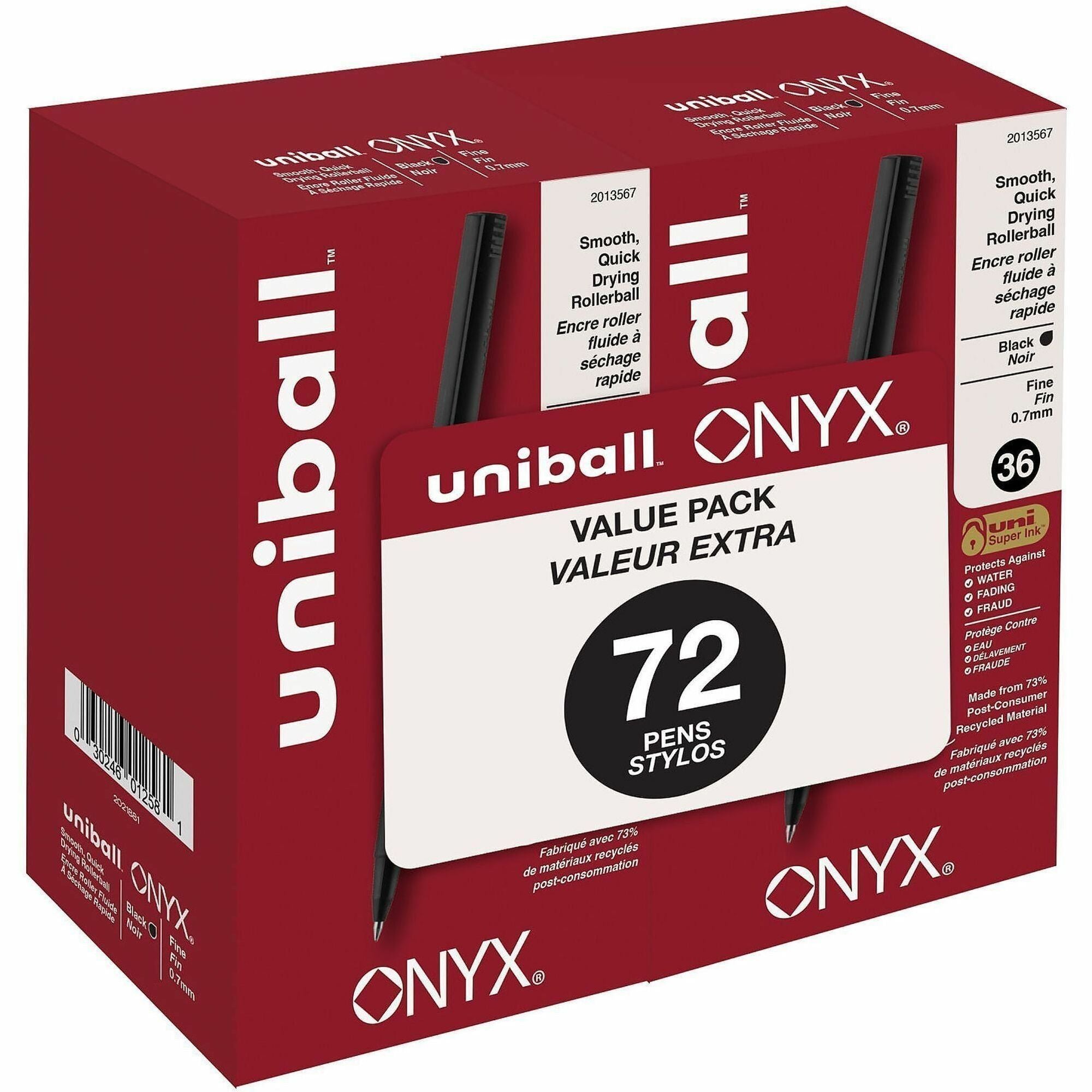 ONYX Roller Ball Pen, Stick, Fine 0.7 mm, Black Ink, Black Barrel, 72/Pack