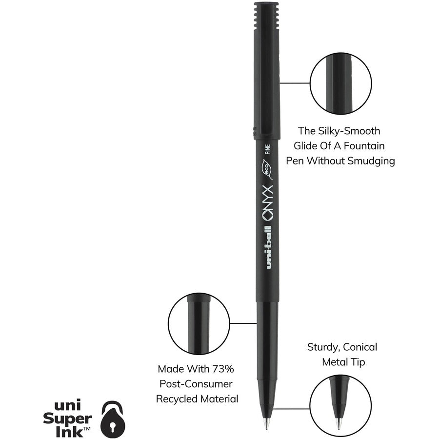 ONYX Roller Ball Pen, Stick, Fine 0.7 mm, Black Ink, Black Barrel, 72/Pack