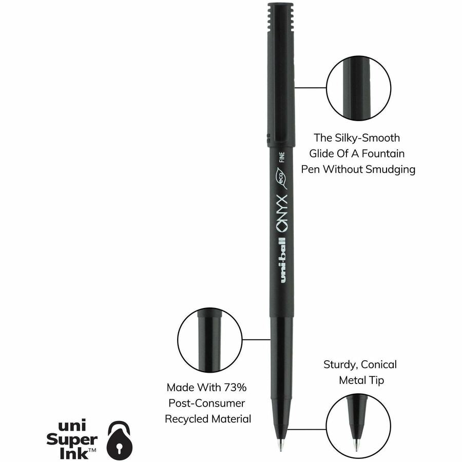 ONYX Roller Ball Pen, Stick, Fine 0.7 mm, Black Ink, Black Barrel, 72/Pack