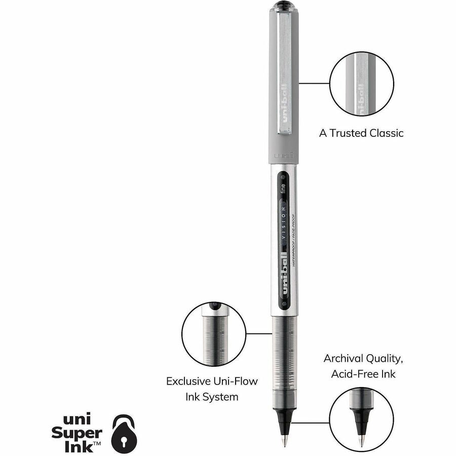 uniball Vision Rollerball Pen - Fine Pen Point - 0.7 mm Pen Point Size - Black - 5 / Pack