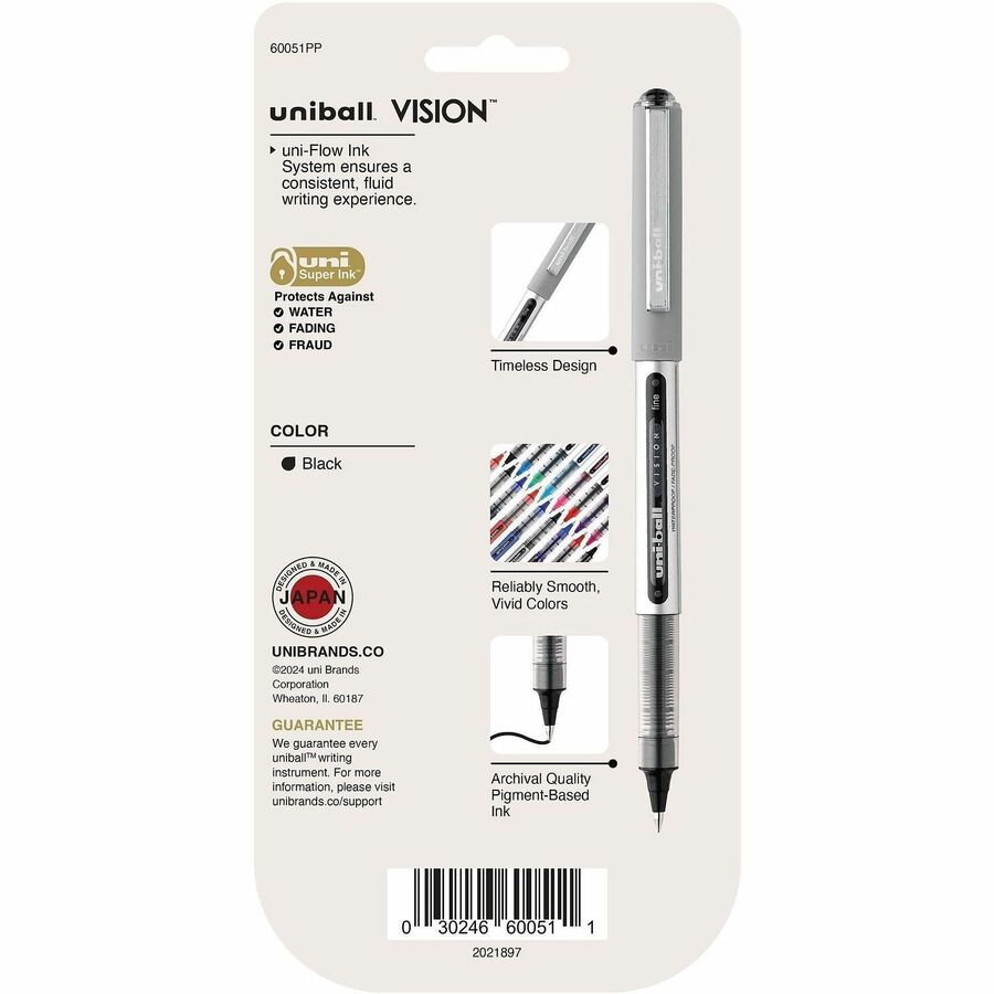 uniball Vision Rollerball Pen - Fine Pen Point - 0.7 mm Pen Point Size - Black - 5 / Pack