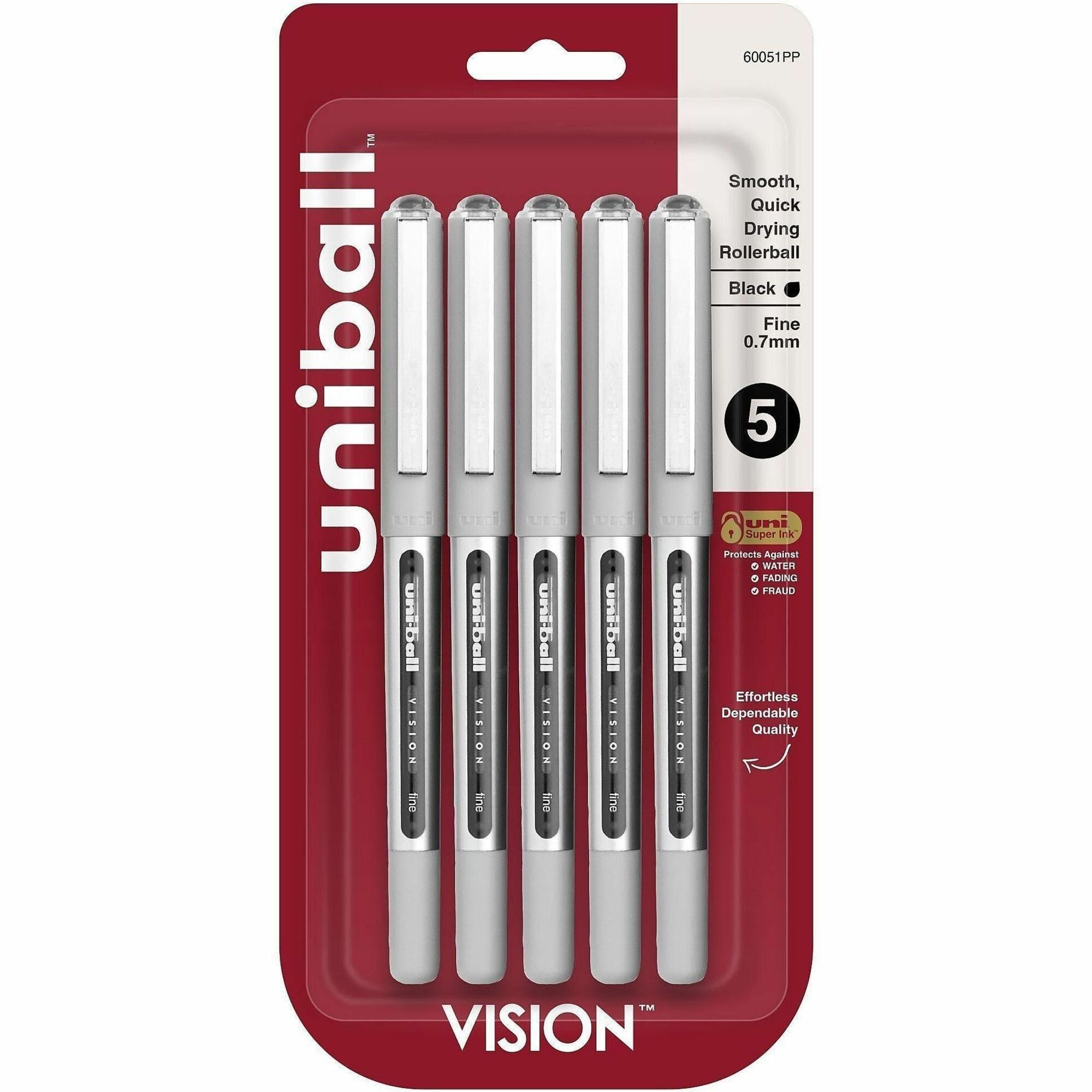 uniball Vision Rollerball Pen - Fine Pen Point - 0.7 mm Pen Point Size - Black - 5 / Pack