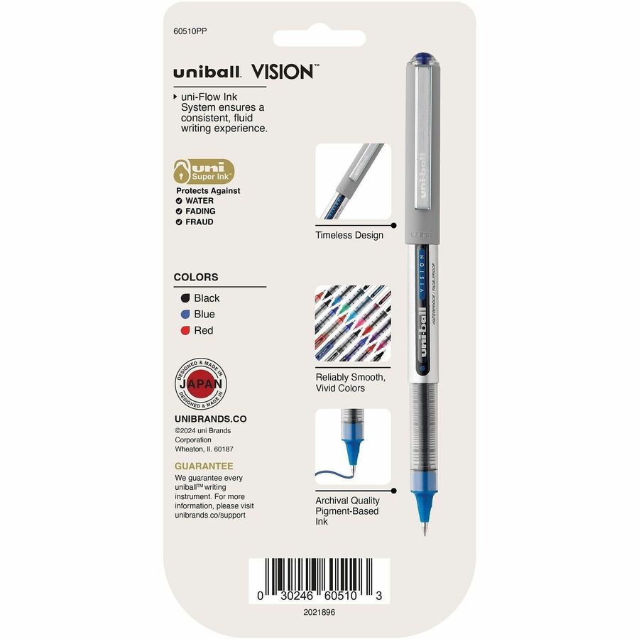 uniball Vision Rollerball Pen - Fine Pen Point - 0.7 mm Pen Point Size - Black, Blue, Red - 5 / Pack