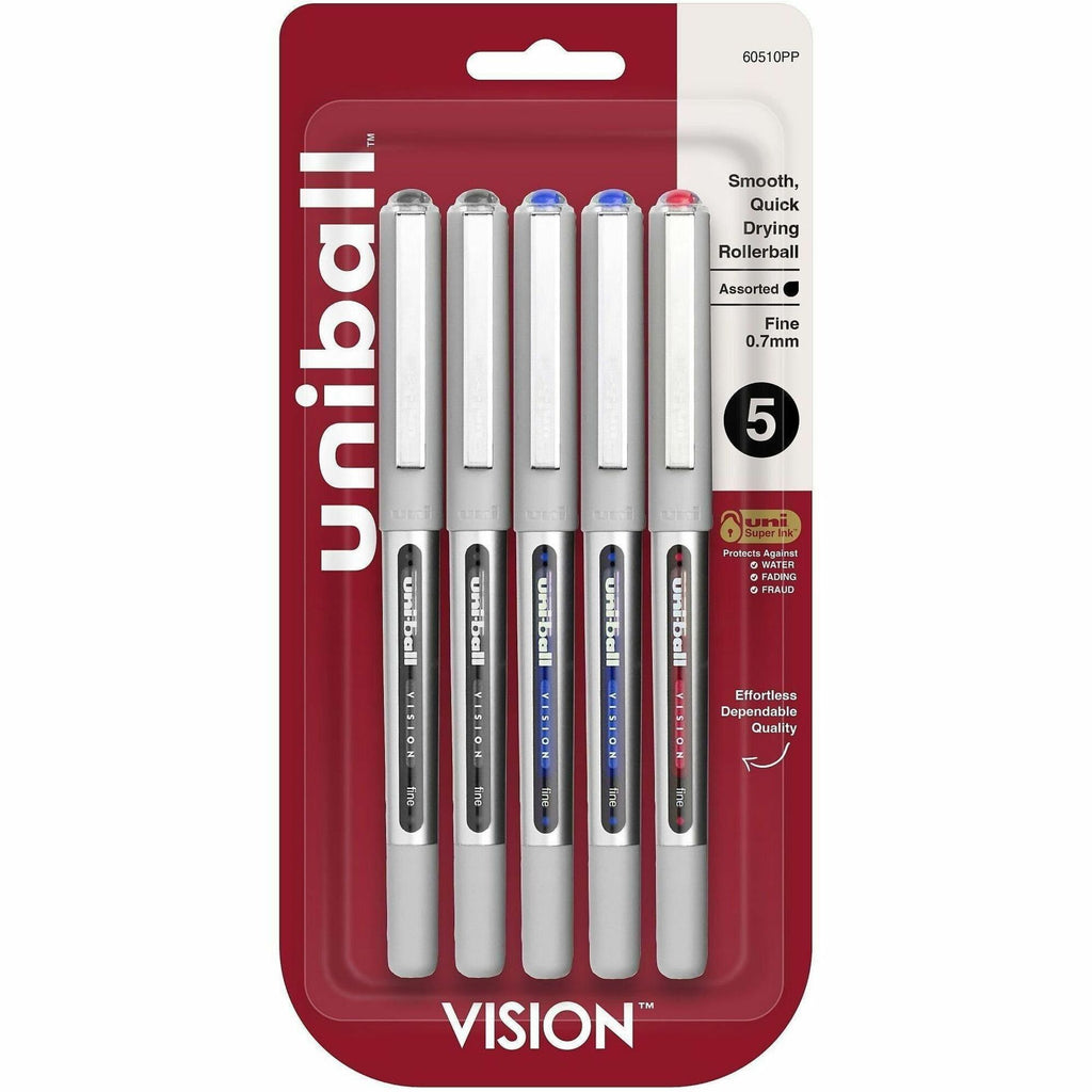 uniball Vision Rollerball Pen - Fine Pen Point - 0.7 mm Pen Point Size - Black, Blue, Red - 5 / Pack