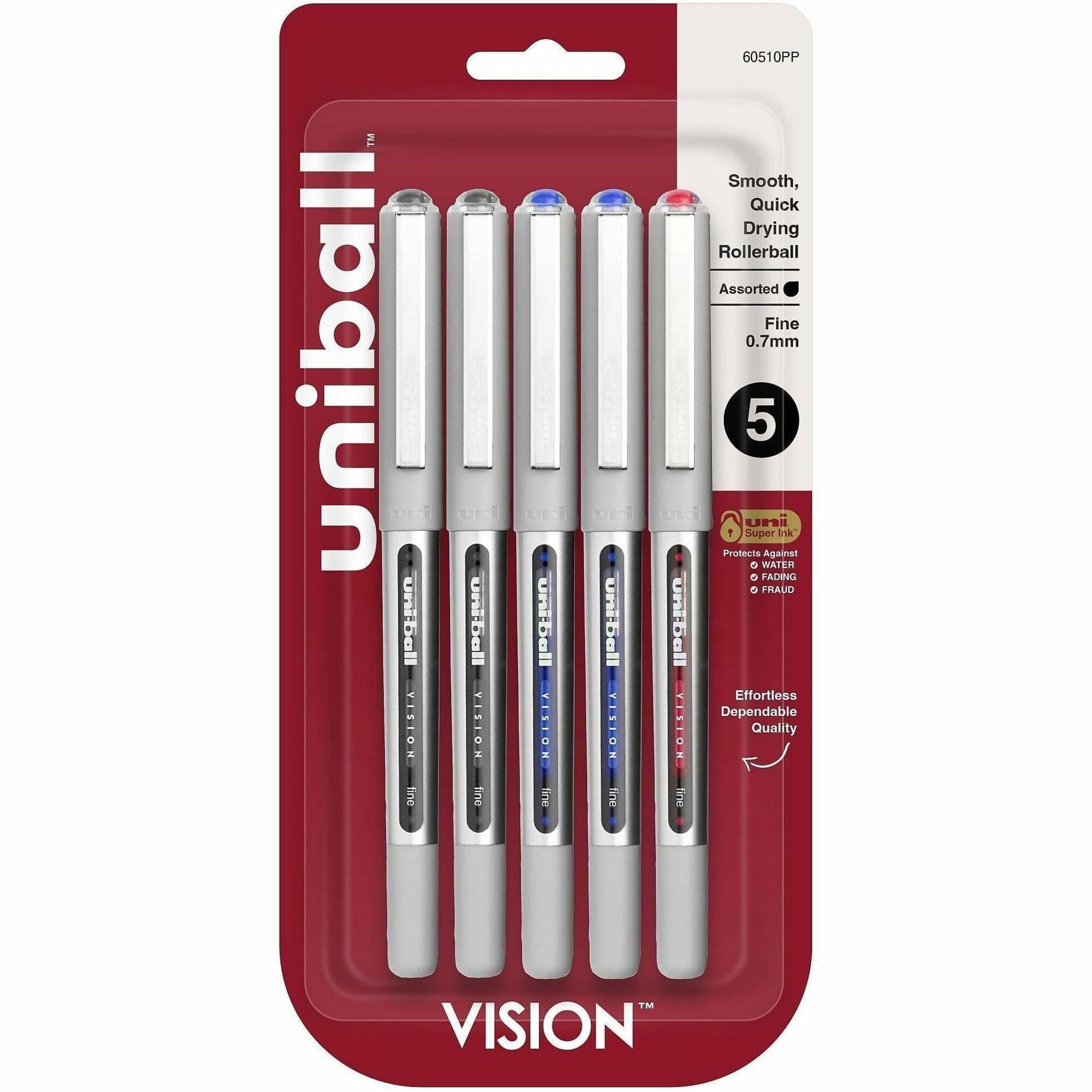 uniball Vision Rollerball Pen - Fine Pen Point - 0.7 mm Pen Point Size - Black, Blue, Red - 5 / Pack