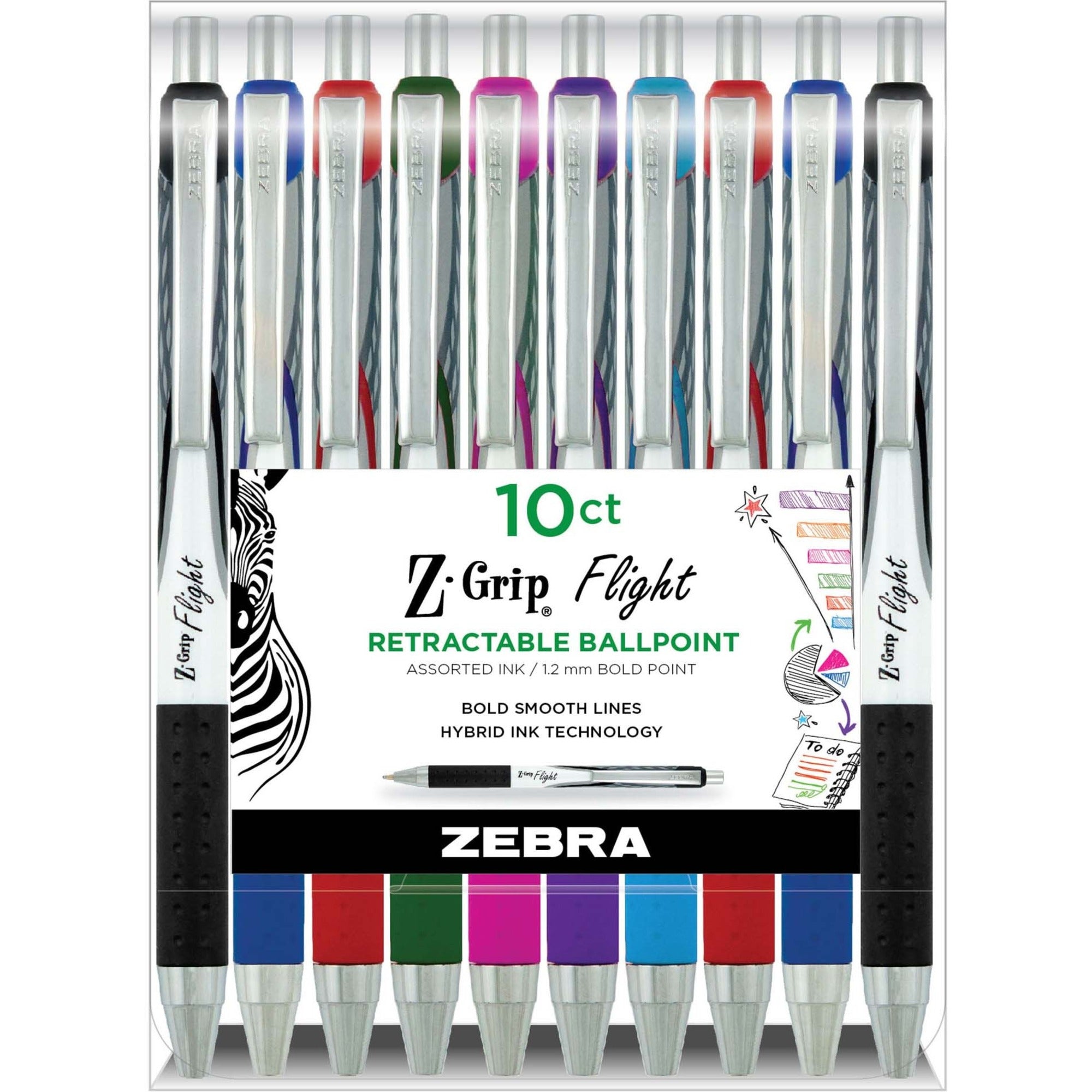 zebra-pen-z-grip-flight-retractable-pens-bold-pen-point-12-mm-pen-point-size-retractable-multi-gel-based-ink-assorted-plastic-barrel-10-pack_zeb21901 - 1