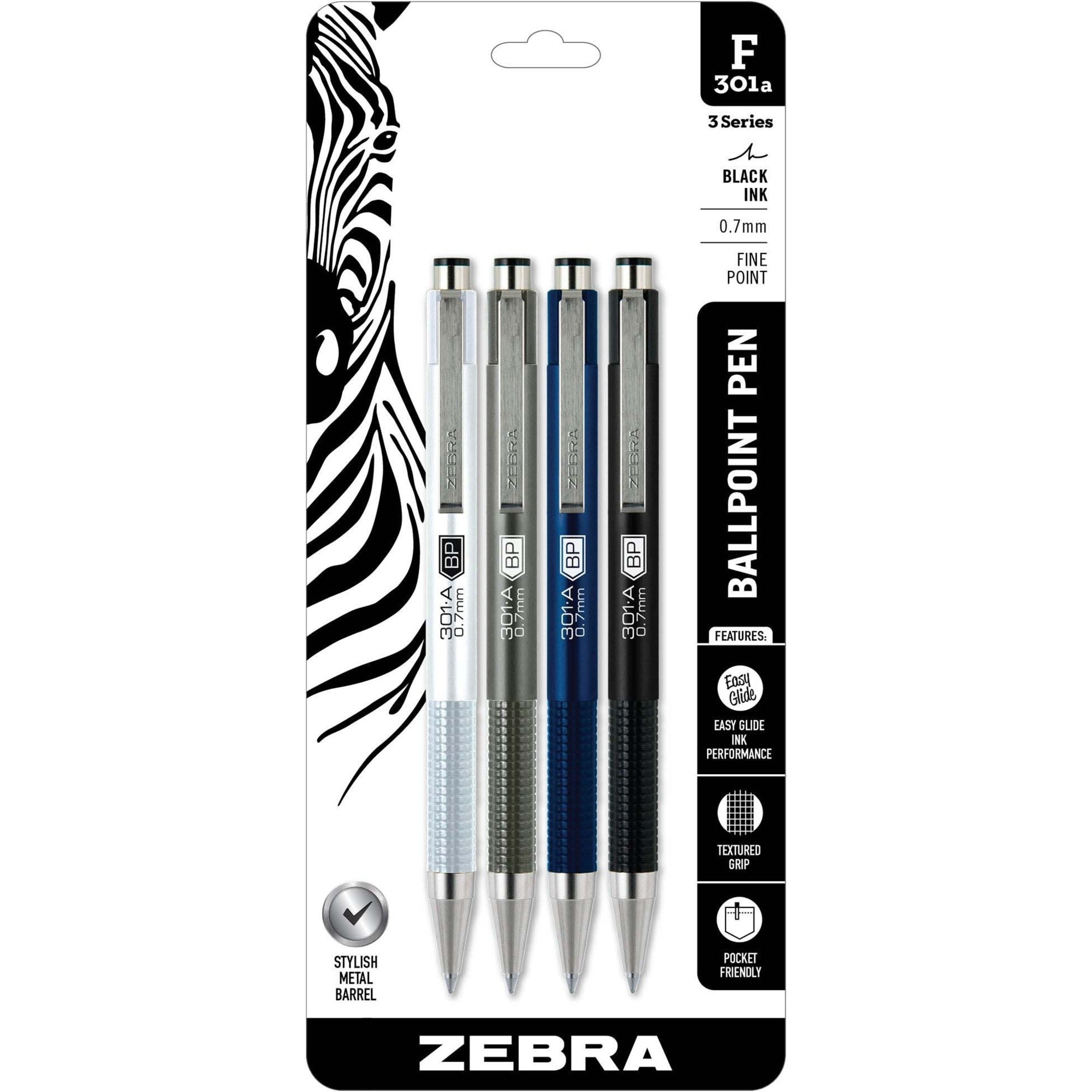 zebra-pen-steel-3-series-f-301a-retractable-ballpoint-pen-fine-pen-point-07-mm-pen-point-size-retractable-black-silver-aluminum-gray-navy-black-barrel-4-pack_zeb27514 - 1