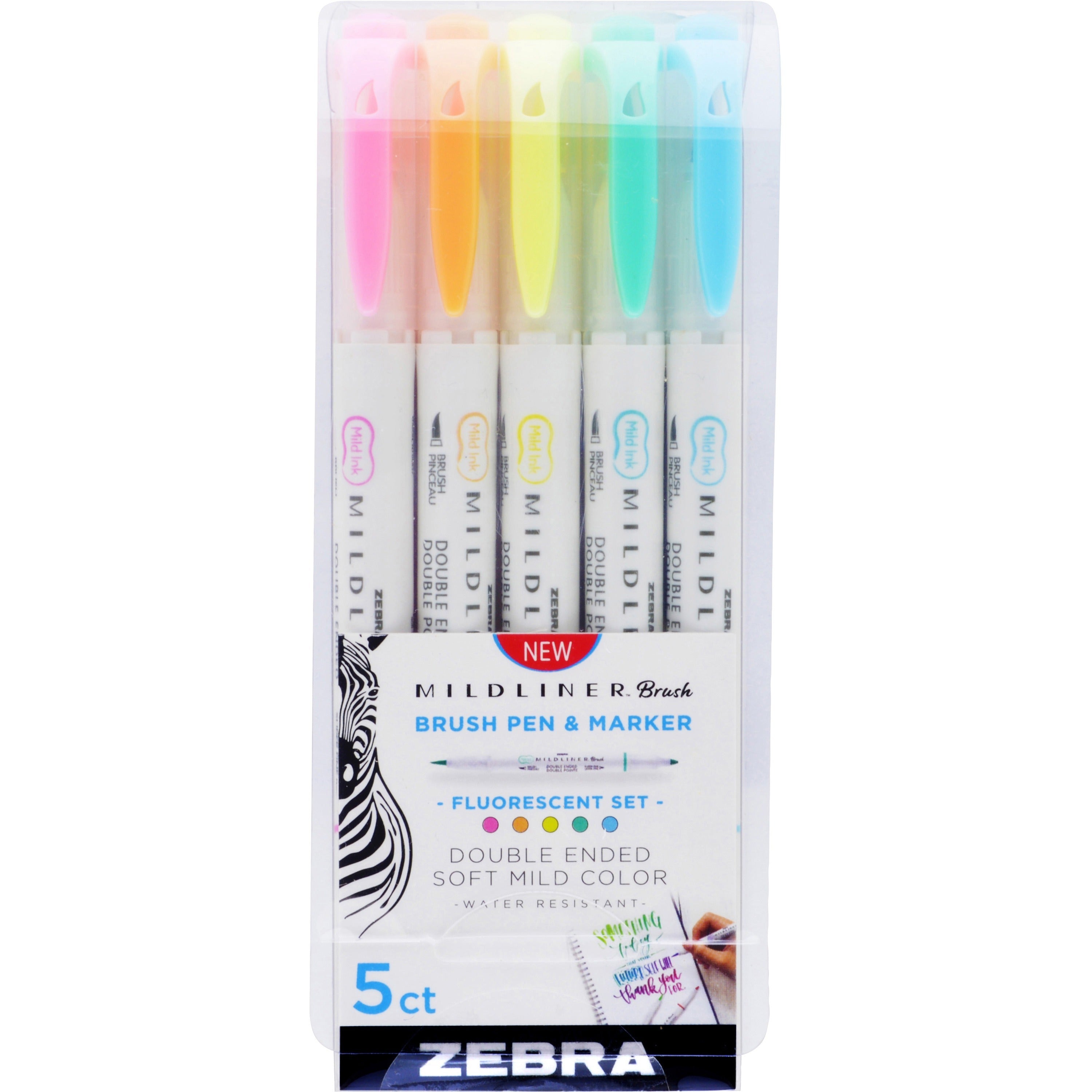 zebra-pen-mildliner-brush-double-ended-creative-marker-fluorescent-pack-fine-marker-point-brush-marker-point-style-fluorescent-pink-pigment-based-fluorescent-orange-fluorescent-yellow-fluorescent-blue-fluorescent-green-ink-5-pack_zeb79105 - 1