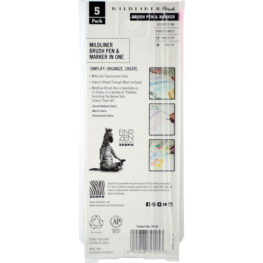 Zebra Pen Mildliner Brush Double-ended Creative Marker Fluorescent Pack - Fine Marker Point - Brush Marker Point Style - Fluorescent Pink Pigment-based, Fluorescent Orange, Fluorescent Yellow, Fluorescent Blue, Fluorescent Green Ink - 5 / Pack
