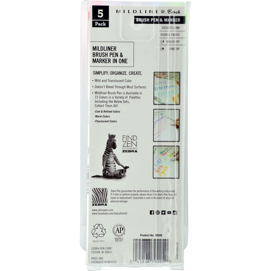 Zebra Pen Mildliner Brush Double-ended Creative Marker Cool and Refined Pack - Fine Marker Point - Brush Marker Point Style - Green Pigment-based, Dark Blue, Gray, Violet, Red Ink - 5 / Pack