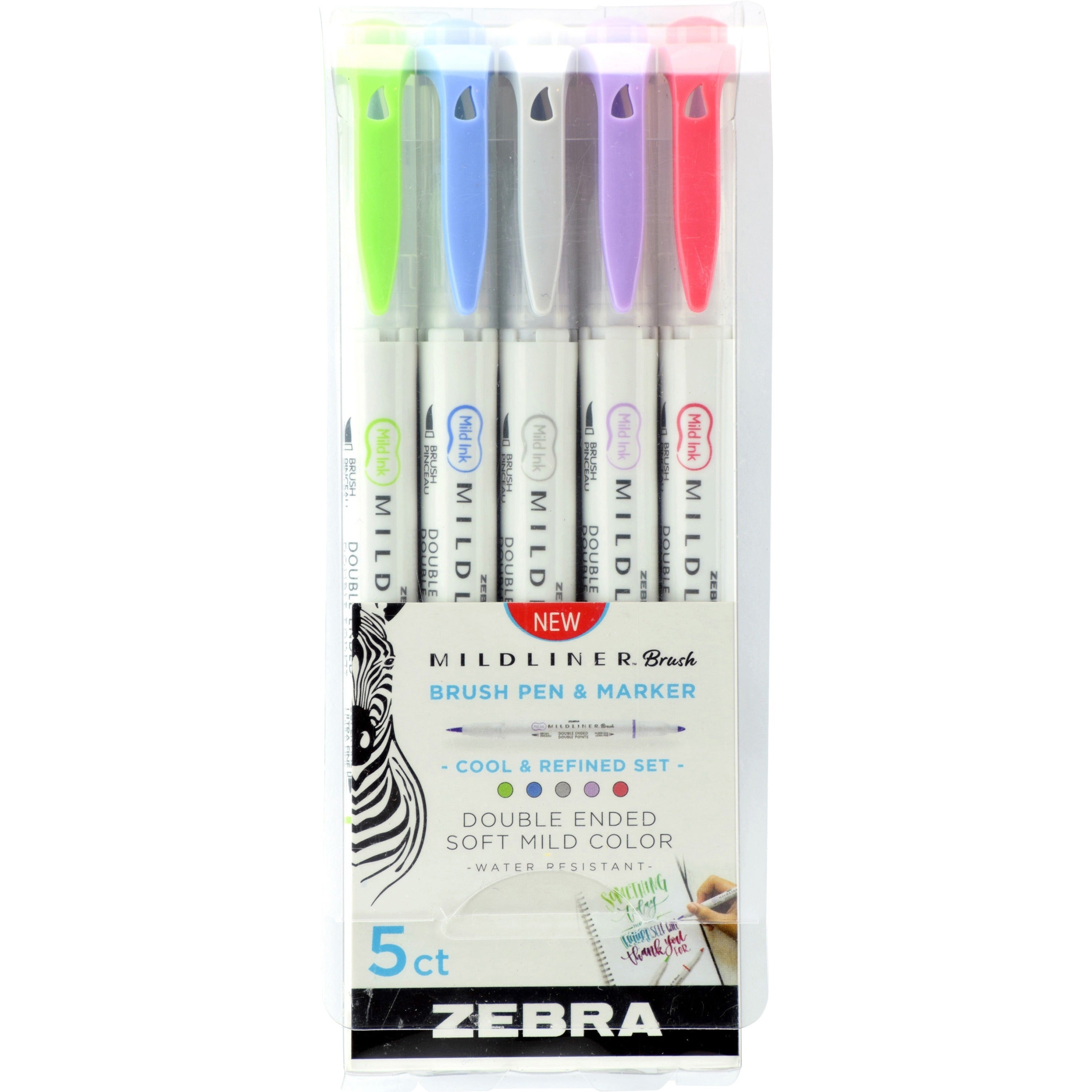 zebra-pen-mildliner-brush-double-ended-creative-marker-cool-and-refined-pack-fine-marker-point-brush-marker-point-style-green-pigment-based-dark-blue-gray-violet-red-ink-5-pack_zeb79205 - 1