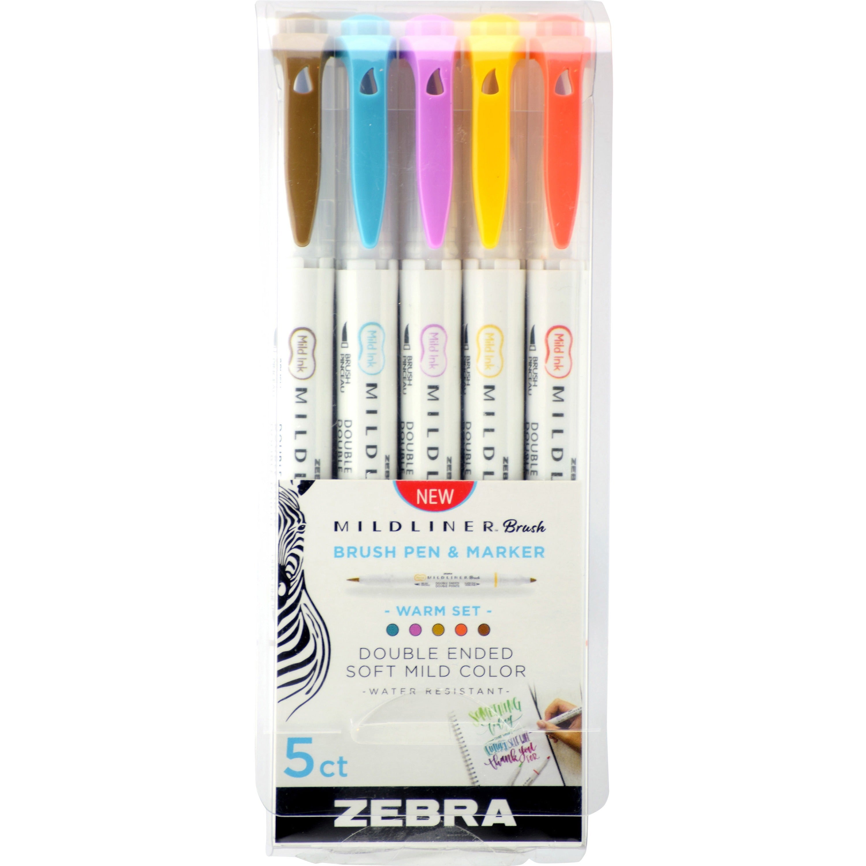 zebra-pen-mildliner-brush-double-ended-creative-marker-warm-color-pack-fine-marker-point-brush-marker-point-style-gold-pigment-based-magenta-brown-vermillion-smoke-blue-ink-5-pack_zeb79305 - 1
