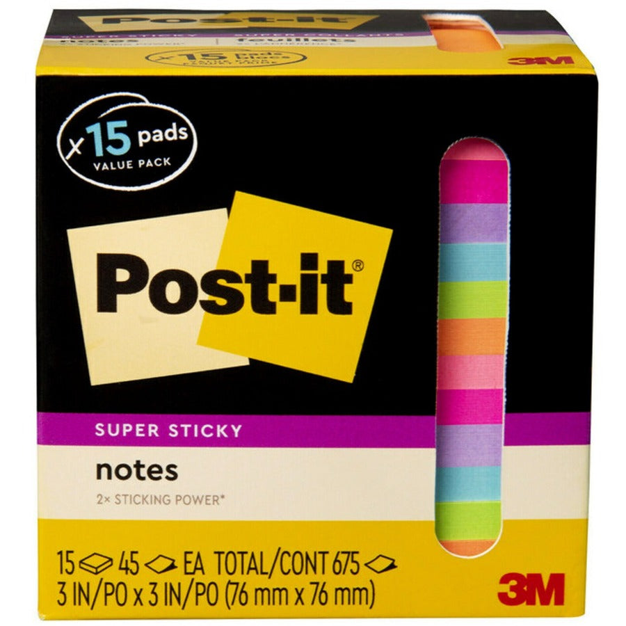 Post-it Super Sticky Notes - 15 - 3" x 3" - Square - 45 Sheets per Pad - Neon Orange, Tropical Pink, Power Pink, Iris, Blue Paradise, Neon Green Limeade - Adhesive, Recyclable - 15 / Pack