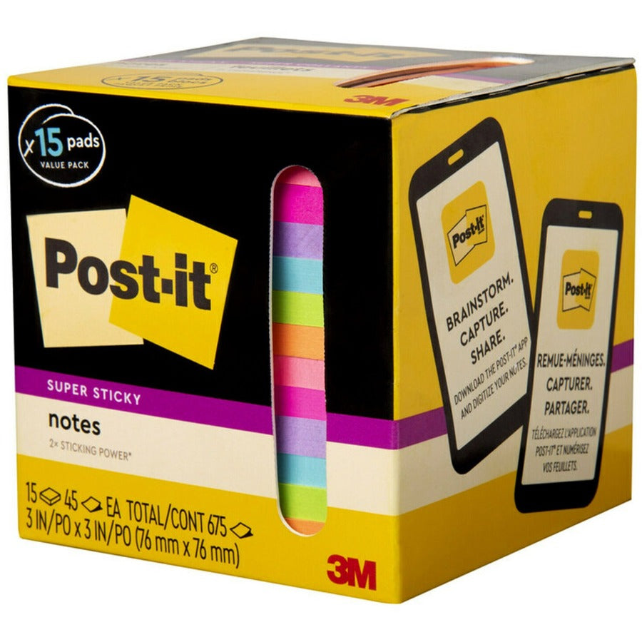 Post-it Super Sticky Notes - 15 - 3" x 3" - Square - 45 Sheets per Pad - Neon Orange, Tropical Pink, Power Pink, Iris, Blue Paradise, Neon Green Limeade - Adhesive, Recyclable - 15 / Pack