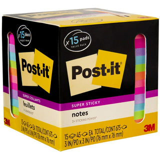 Post-it Super Sticky Notes - 15 - 3" x 3" - Square - 45 Sheets per Pad - Neon Orange, Tropical Pink, Power Pink, Iris, Blue Paradise, Neon Green Limeade - Adhesive, Recyclable - 15 / Pack