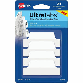 Avery Ultra Tabs Repositionable Margin Tabs - 24 Tab(s) - 6 Tab(s)/Set - Clear Film, White Paper Tab(s) - 4