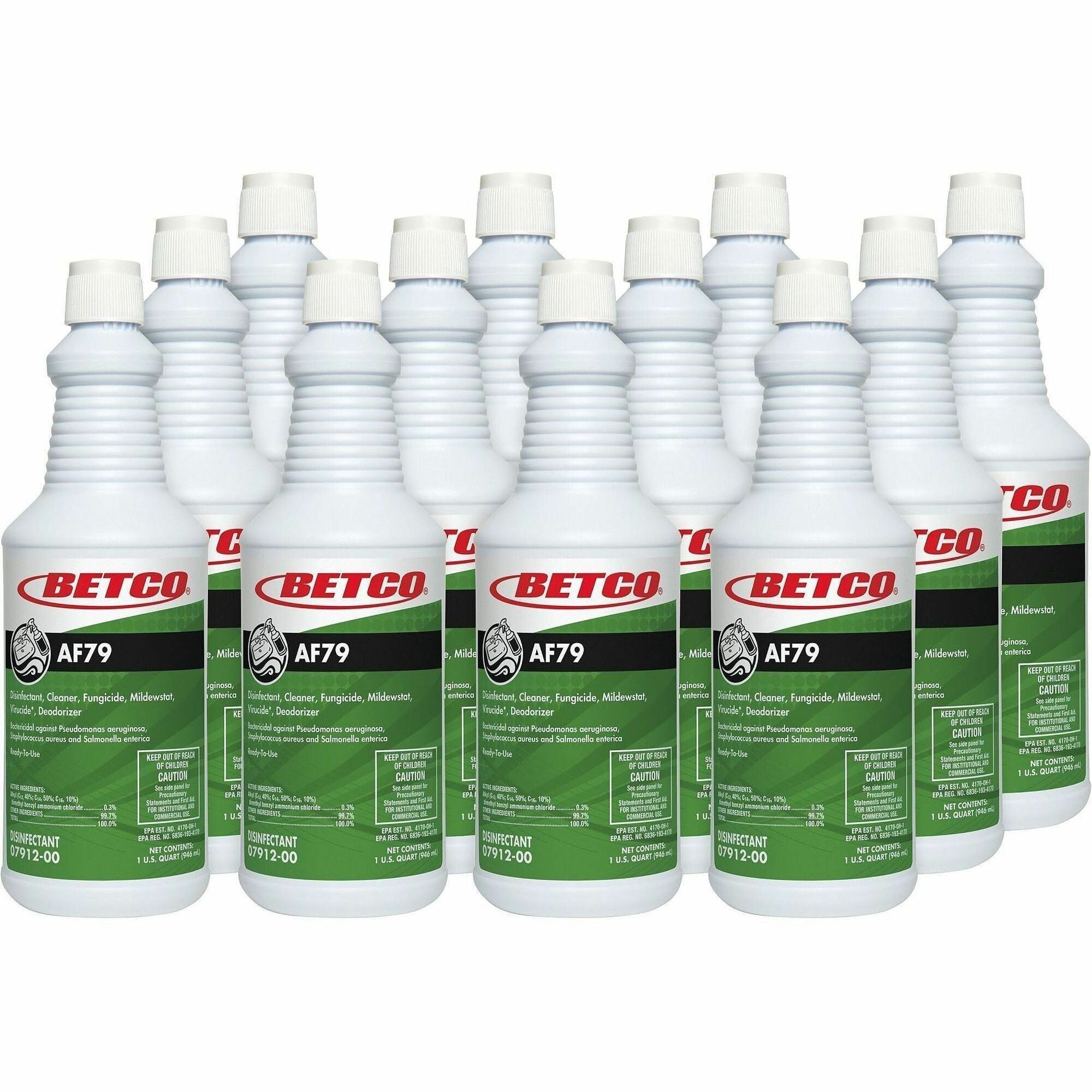 Betco AF79 Acid-Free Bathroom Cleaner - Ready-To-Use - 32 fl oz (1 quart) - Citrus Bouquet Scent - 12 / Carton - Disinfectant, Deodorize, Long Lasting, Rinse-free - Clear Blue