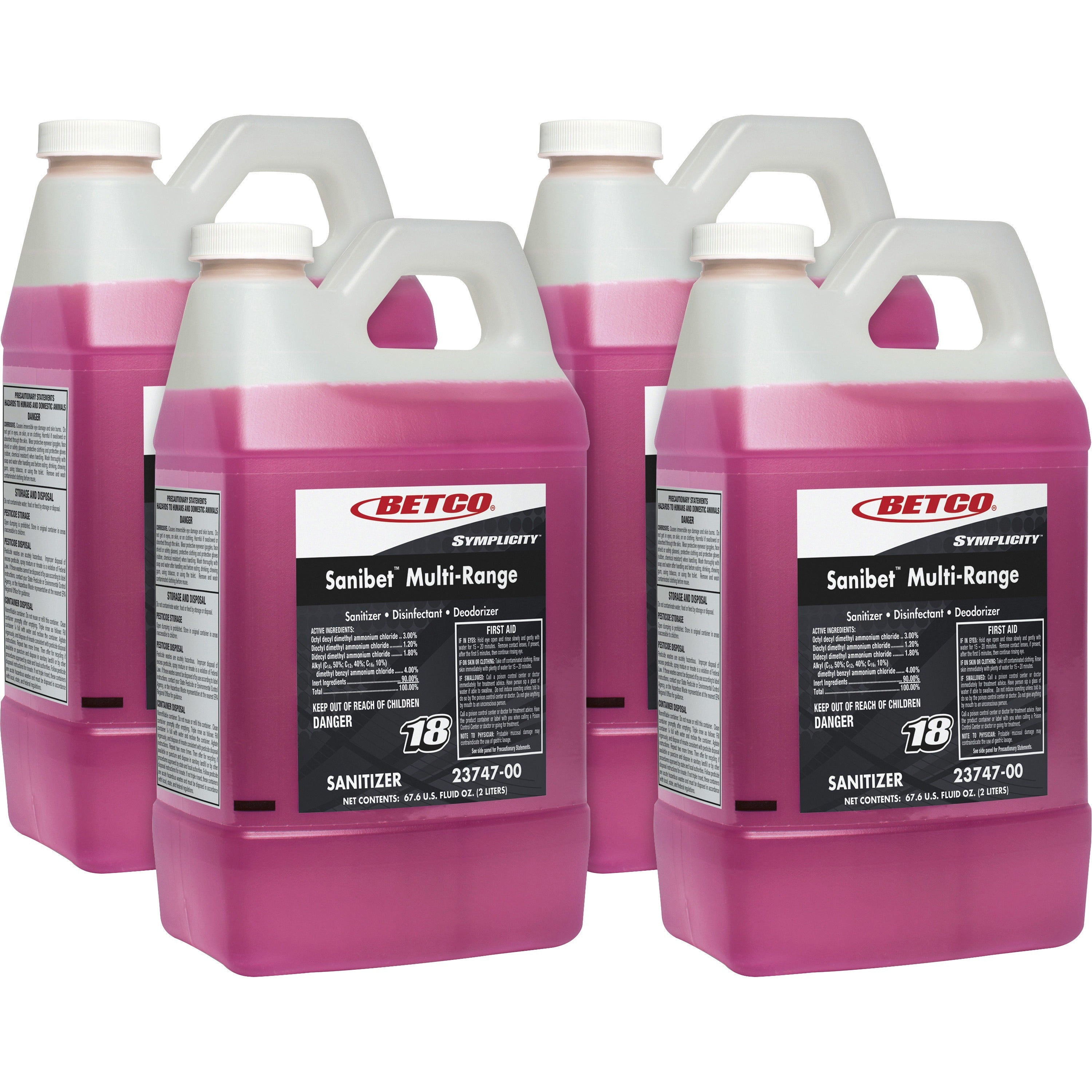 Betco Symplicity Sanibet Multi-Range Sanitizer - FASTDRAW 18 - Concentrate - 67.6 fl oz (2.1 quart) - 4 / Carton - Rinse-free, Versatile, Disinfectant - Pink - 1