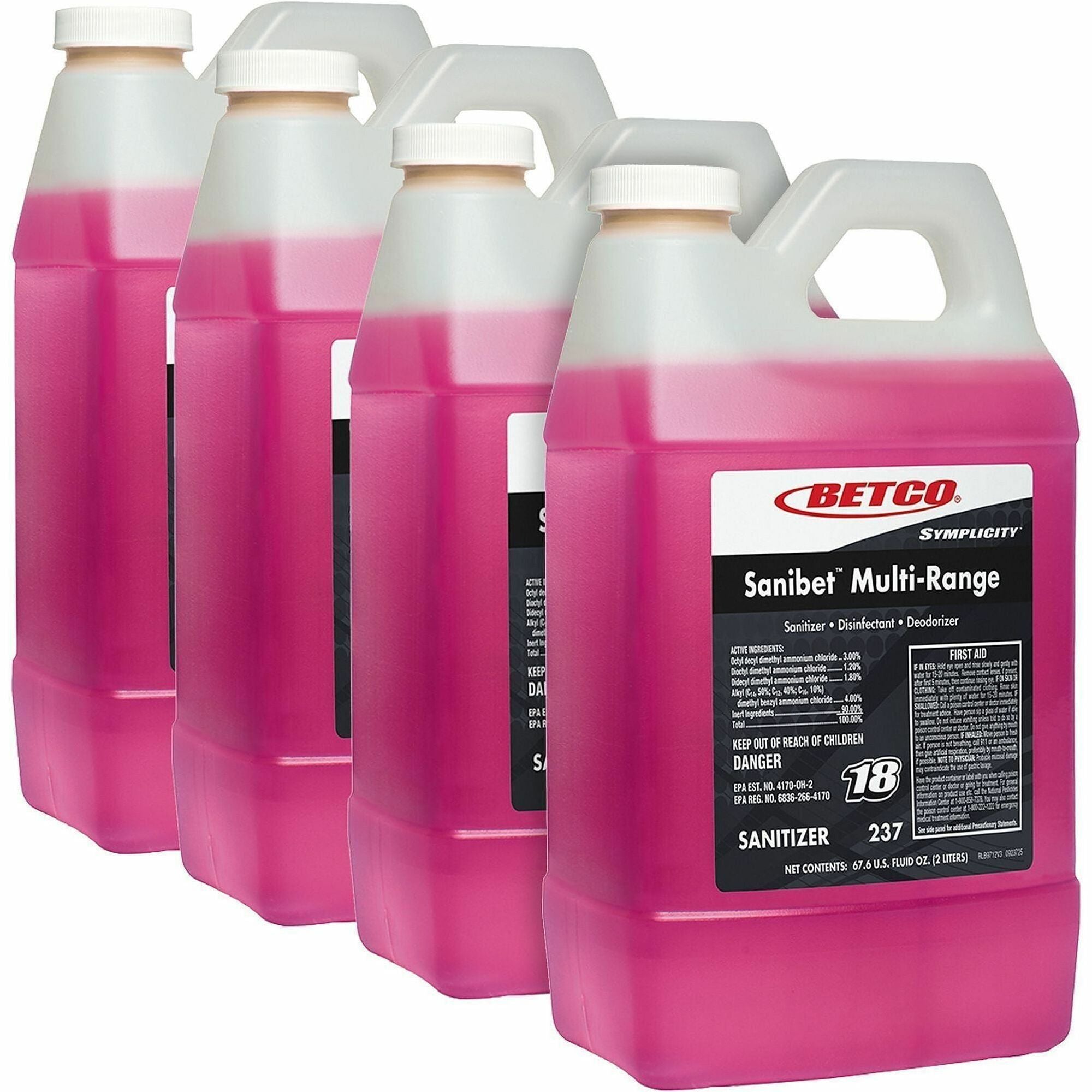 Betco Symplicity Sanibet Multi-Range Sanitizer - FASTDRAW 18 - Concentrate - 67.6 fl oz (2.1 quart) - 4 / Carton - Rinse-free, Versatile, Disinfectant - Pink