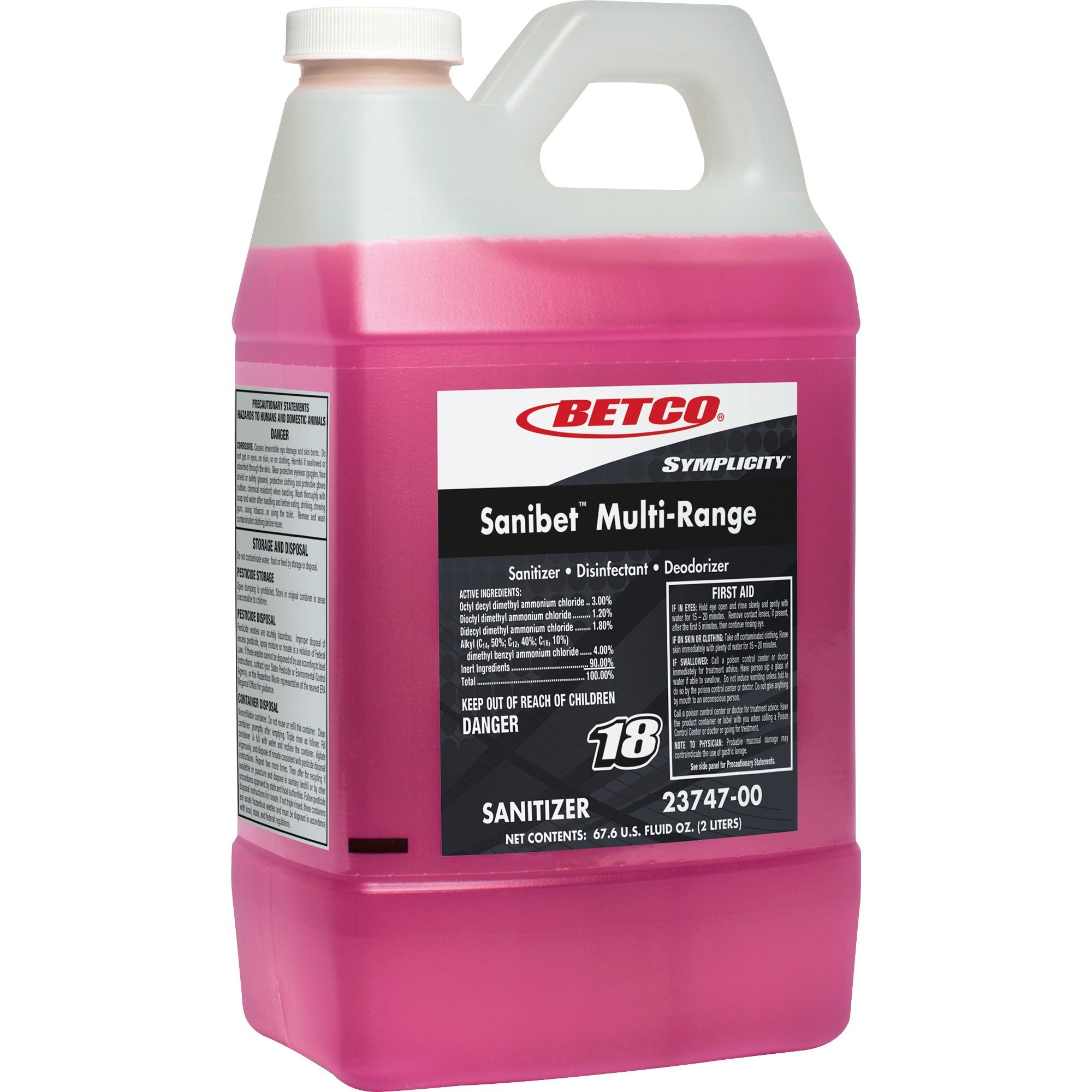 Betco Symplicity Sanibet Multi-Range Sanitizer - FASTDRAW 18 - Concentrate - 67.6 fl oz (2.1 quart) - 4 / Carton - Rinse-free, Versatile, Disinfectant - Pink - 2