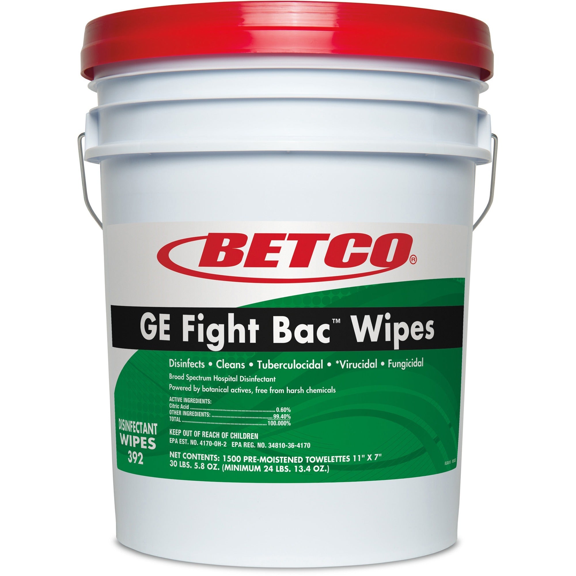 Betco GE Fight Bac Disinfectant Wipes - 7" Length x 11" Width - 1500 / Bucket - 1 Each - Non-irritating, Disinfectant - White - 1