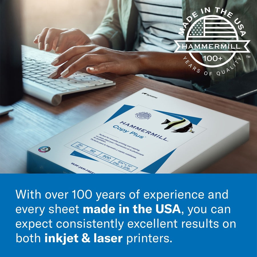 Hammermill Copy Plus Paper - White - 92 Brightness - Letter - 8 1/2" x 11" - 20 lb Basis Weight - 10 / Carton - Acid-free, Quick Drying - White