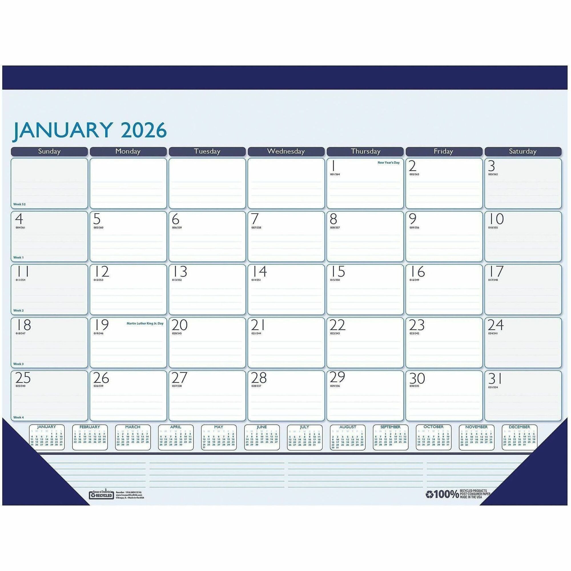 Recycled Contempo Desk Pad Calendar, 18.5 x 13, White/Blue Sheets, Blue Binding, Blue Corners, 12-Month (Jan to Dec): 2024